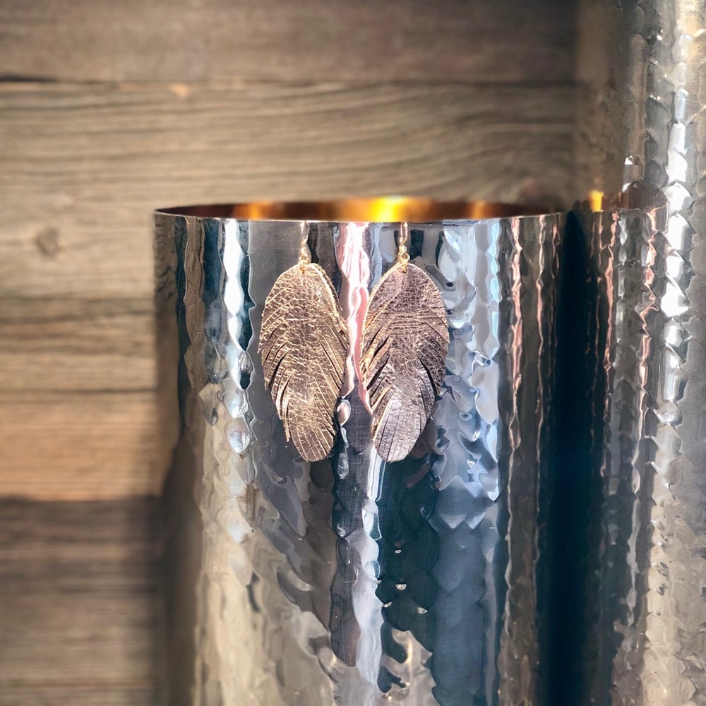 Rose Gold Leather Feather Earrings - Picture 6 of 8